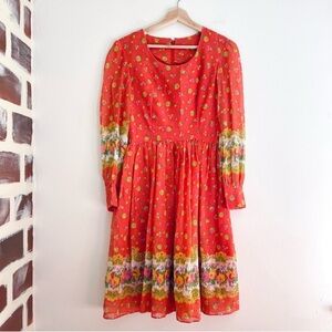 Montgomery Ward Vintage 70’s Floral Boho Long Puff Sleeve Dress In Red Orange